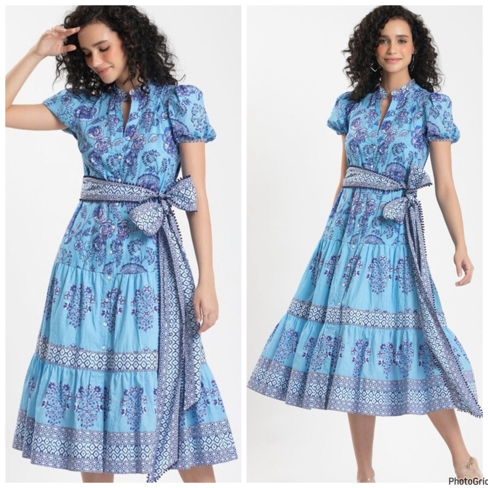 Celina Moon Gabi Midi Dress Belted Floral 100% Cotton New Size Small